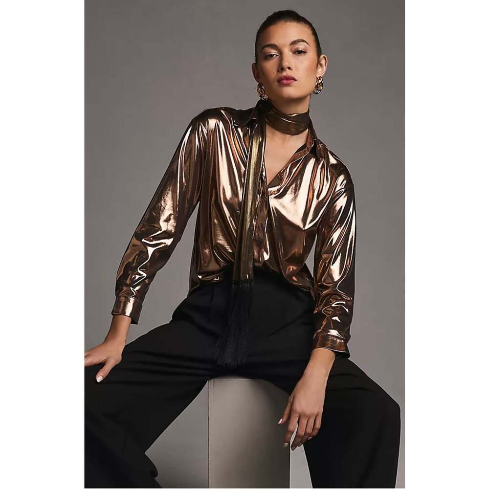 By Anthropologie Shine Shirt M Bronze Gold Metallic Button Down Blouse EUC